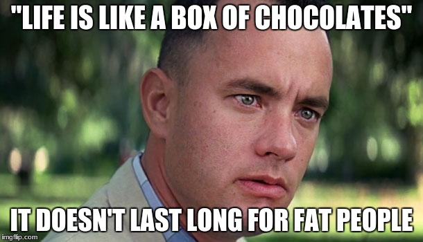 Forest Gump | "LIFE IS LIKE A BOX OF CHOCOLATES"; IT DOESN'T LAST LONG FOR FAT PEOPLE | image tagged in forest gump | made w/ Imgflip meme maker