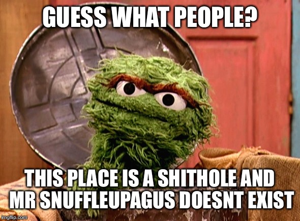 Oscar the grouch | GUESS WHAT PEOPLE? THIS PLACE IS A SHITHOLE AND MR SNUFFLEUPAGUS DOESNT EXIST | image tagged in oscar the grouch,memes,shithole | made w/ Imgflip meme maker
