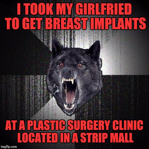 We had a coupon for half price off the second breast | I TOOK MY GIRLFRIED TO GET BREAST IMPLANTS; AT A PLASTIC SURGERY CLINIC LOCATED IN A STRIP MALL | image tagged in memes,insanity wolf | made w/ Imgflip meme maker