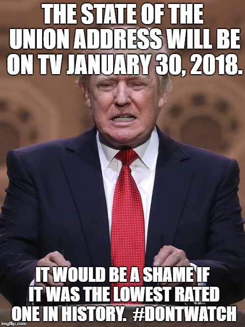 Donald Trump | THE STATE OF THE UNION ADDRESS WILL BE ON TV JANUARY 30, 2018. IT WOULD BE A SHAME IF IT WAS THE LOWEST RATED ONE IN HISTORY.  #DONTWATCH | image tagged in donald trump | made w/ Imgflip meme maker