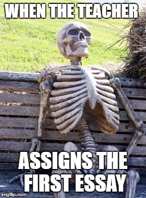 Waiting Skeleton Meme | WHEN THE TEACHER; ASSIGNS THE FIRST ESSAY | image tagged in memes,waiting skeleton | made w/ Imgflip meme maker