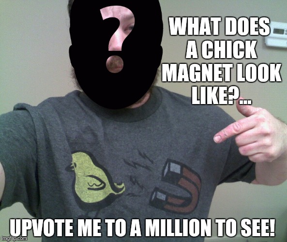 I'm about 2k away from a million. Thought I'd give y'all a teaser...  Upvote me if you want a full reveal :-)  | WHAT DOES A CHICK MAGNET LOOK LIKE?... UPVOTE ME TO A MILLION TO SEE! | image tagged in jbmemegeek,one million points,face reveal | made w/ Imgflip meme maker