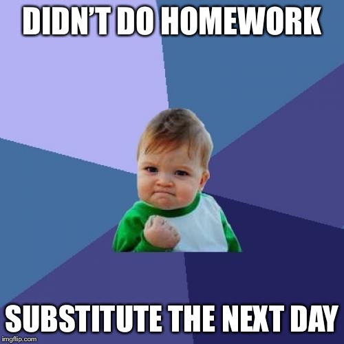 Success Kid Meme | DIDN’T DO HOMEWORK; SUBSTITUTE THE NEXT DAY | image tagged in memes,success kid | made w/ Imgflip meme maker