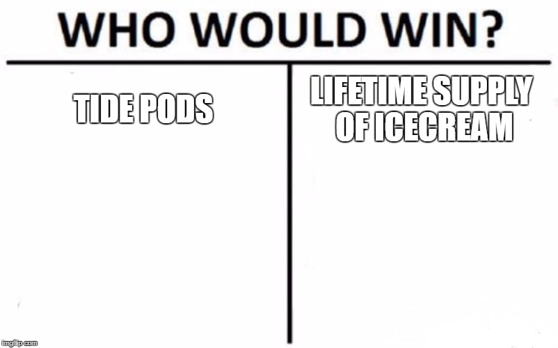 Who Would Win? Meme | TIDE PODS; LIFETIME SUPPLY OF ICECREAM | image tagged in memes,who would win | made w/ Imgflip meme maker