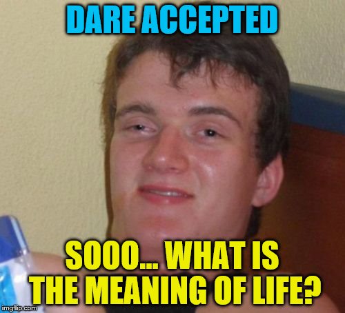 10 Guy Meme | DARE ACCEPTED SOOO... WHAT IS THE MEANING OF LIFE? | image tagged in memes,10 guy | made w/ Imgflip meme maker