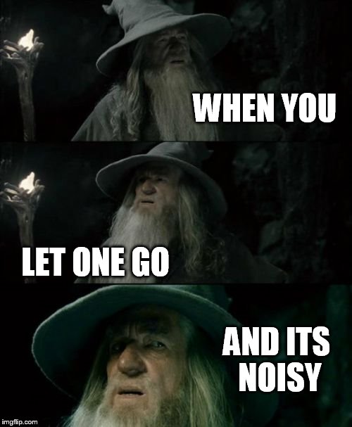 Confused Gandalf Meme | WHEN YOU; LET ONE GO; AND ITS NOISY | image tagged in memes,confused gandalf | made w/ Imgflip meme maker
