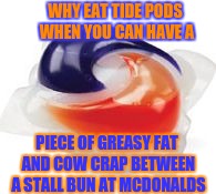 Why not? | WHY EAT TIDE PODS WHEN YOU CAN HAVE A; PIECE OF GREASY FAT AND COW CRAP BETWEEN A STALL BUN AT MCDONALDS | image tagged in tide pod,tide pod challenge,mcdonalds,hamburger,cows | made w/ Imgflip meme maker