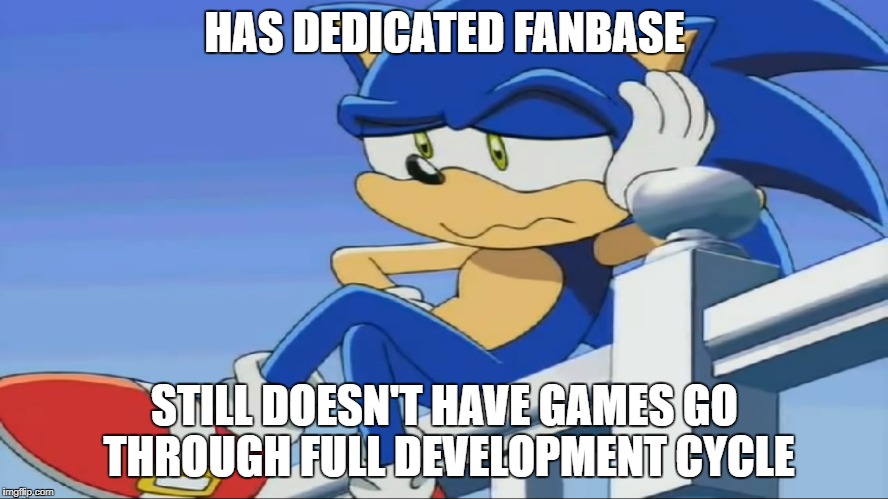 True - Not Arguable. | HAS DEDICATED FANBASE; STILL DOESN'T HAVE GAMES GO THROUGH FULL DEVELOPMENT CYCLE | image tagged in impatient sonic - sonic x,sonic the hedgehog,sonic the hipster,sonic,sonic boom | made w/ Imgflip meme maker