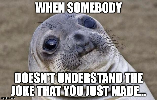 Awkward Moment Sealion Meme | WHEN SOMEBODY DOESN'T UNDERSTAND THE JOKE THAT YOU JUST MADE... | image tagged in memes,awkward moment sealion | made w/ Imgflip meme maker
