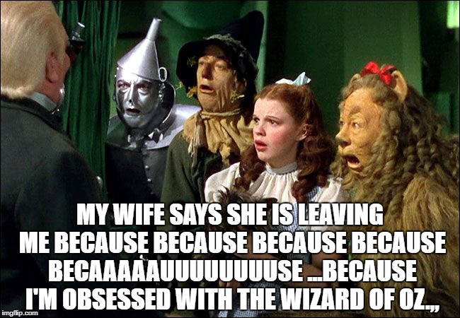 MY WIFE SAYS SHE IS LEAVING ME BECAUSE BECAUSE BECAUSE BECAUSE BECAAAAAUUUUUUUUSE ...BECAUSE I'M OBSESSED WITH THE WIZARD OF OZ.,, | image tagged in the wizard of oz | made w/ Imgflip meme maker