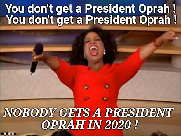 Oprah shuts down rumors of a Presidential run in 2020. "I'm not running." | You don't get a President Oprah ! You don't get a President Oprah ! NOBODY GETS A PRESIDENT OPRAH IN 2020 ! | image tagged in memes,oprah you get a,true,presidential candidates,justjeff | made w/ Imgflip meme maker