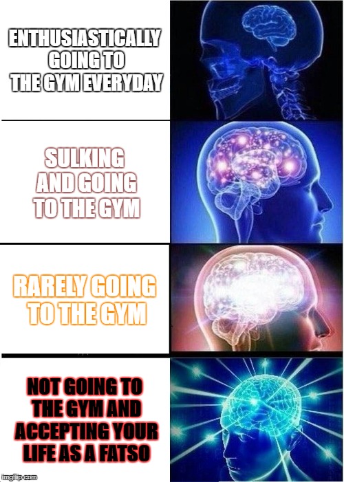 Expanding Brain Meme | ENTHUSIASTICALLY GOING TO THE GYM EVERYDAY; SULKING AND GOING TO THE GYM; RARELY GOING TO THE GYM; NOT GOING TO THE GYM AND ACCEPTING YOUR LIFE AS A FATSO | image tagged in memes,expanding brain | made w/ Imgflip meme maker