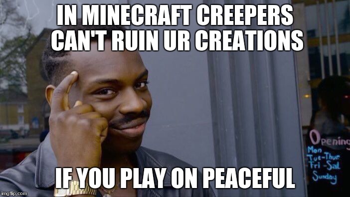 Roll Safe Think About It Meme | IN MINECRAFT CREEPERS CAN'T RUIN UR CREATIONS; IF YOU PLAY ON PEACEFUL | image tagged in memes,roll safe think about it | made w/ Imgflip meme maker