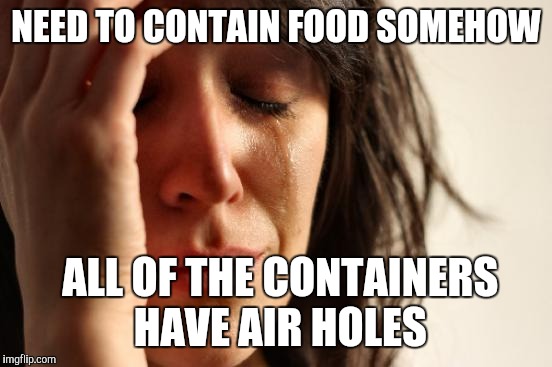First World Problems | NEED TO CONTAIN FOOD SOMEHOW; ALL OF THE CONTAINERS HAVE AIR HOLES | image tagged in memes,first world problems | made w/ Imgflip meme maker