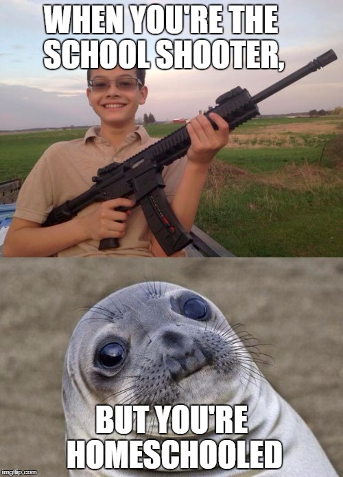 just had to ; ) | WHEN YOU'RE THE SCHOOL SHOOTER, BUT YOU'RE HOMESCHOOLED | image tagged in dank,school shooter,awkward moment sealion | made w/ Imgflip meme maker