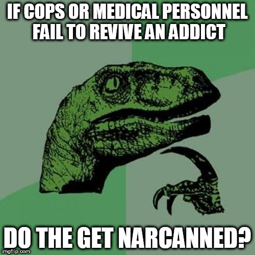 This isn't just a meme. I'm gonna try  the next theme week: Exceptionally Bad Pun Week a MemefordandSons event Jan 26 to Feb 2 | IF COPS OR MEDICAL PERSONNEL FAIL TO REVIVE AN ADDICT; DO THE GET NARCANNED? | image tagged in memes,philosoraptor | made w/ Imgflip meme maker