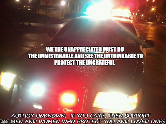 Protectors | WE THE UNAPPRECIATED
MUST DO THE UNMISTAKABLE
AND SEE THE UNTHINKABLE
TO PROTECT THE UNGRATEFUL; AUTHOR UNKNOWN; 
IF YOU CARE, THEN SUPPORT THE MEN AND WOMEN WHO PROTECT YOU AND LOVED ONES | image tagged in police | made w/ Imgflip meme maker