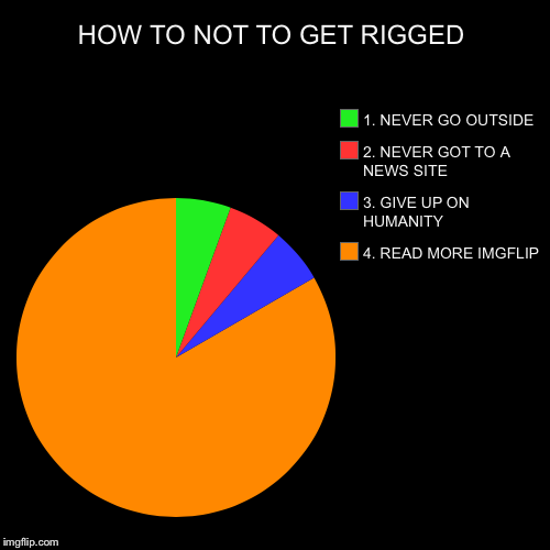 HOW TO NOT TO GET RIGGED | 4. READ MORE IMGFLIP, 3. GIVE UP ON HUMANITY , 2. NEVER GOT TO A NEWS SITE, 1. NEVER GO OUTSIDE | image tagged in funny,pie charts | made w/ Imgflip chart maker