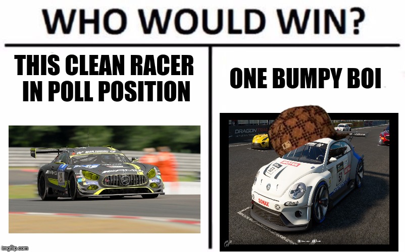 Who Would Win? Meme | THIS CLEAN RACER IN POLL POSITION; ONE BUMPY BOI | image tagged in memes,who would win,scumbag | made w/ Imgflip meme maker