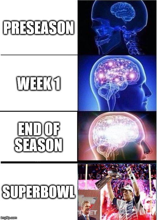 Expanding Brain | PRESEASON; WEEK 1; END OF SEASON; SUPERBOWL | image tagged in memes,expanding brain | made w/ Imgflip meme maker