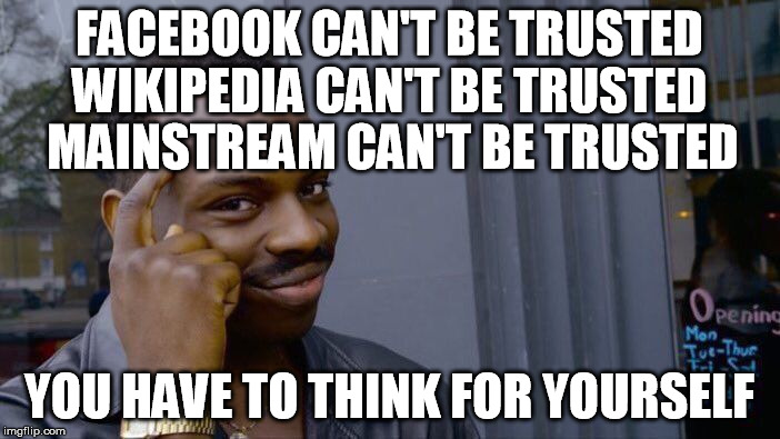 Roll Safe Think About It | FACEBOOK CAN'T BE TRUSTED  WIKIPEDIA CAN'T BE TRUSTED; MAINSTREAM CAN'T BE TRUSTED; YOU HAVE TO THINK FOR YOURSELF | image tagged in memes,roll safe think about it | made w/ Imgflip meme maker