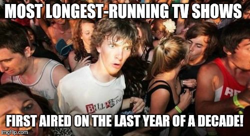Sesame Street (1969), The Simpsons (1989), Family Guy (1999), SpongeBob SquarePants (1999) | MOST LONGEST-RUNNING TV SHOWS; FIRST AIRED ON THE LAST YEAR OF A DECADE! | image tagged in memes,sudden clarity clarence,television,tv,tv shows,mind blown | made w/ Imgflip meme maker