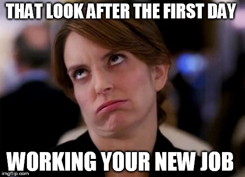eye roll | THAT LOOK AFTER THE FIRST DAY; WORKING YOUR NEW JOB | image tagged in eye roll | made w/ Imgflip meme maker
