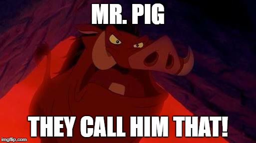 Uh oh. They called him a pig. | MR. PIG; THEY CALL HIM THAT! | image tagged in pumba | made w/ Imgflip meme maker