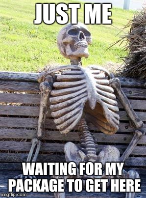 Waiting Skeleton Meme | JUST ME; WAITING FOR MY PACKAGE TO GET HERE | image tagged in memes,waiting skeleton | made w/ Imgflip meme maker