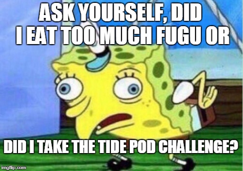numbed out sponge | ASK YOURSELF, DID I EAT TOO MUCH FUGU OR; DID I TAKE THE TIDE POD CHALLENGE? | image tagged in memes,mocking spongebob | made w/ Imgflip meme maker