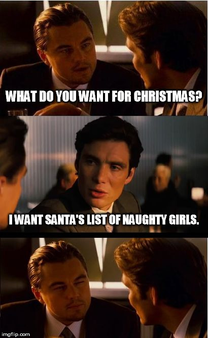 Inception Meme | WHAT DO YOU WANT FOR CHRISTMAS? I WANT SANTA'S LIST OF NAUGHTY GIRLS. | image tagged in memes,inception | made w/ Imgflip meme maker