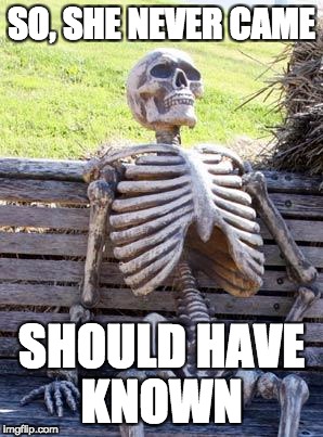 Waiting Skeleton Meme | SO, SHE NEVER CAME; SHOULD HAVE KNOWN | image tagged in memes,waiting skeleton | made w/ Imgflip meme maker