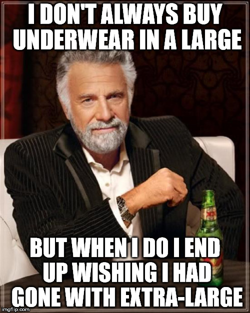 Tighty Whities | I DON'T ALWAYS BUY UNDERWEAR IN A LARGE; BUT WHEN I DO I END UP WISHING I HAD GONE WITH EXTRA-LARGE | image tagged in memes,the most interesting man in the world | made w/ Imgflip meme maker
