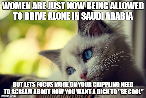 First World Problems Cat | WOMEN ARE JUST NOW BEING ALLOWED TO DRIVE ALONE IN SAUDI ARABIA; BUT LETS FOCUS MORE ON YOUR CRIPPLING NEED TO SCREAM ABOUT HOW YOU WANT A DICK TO "BE COOL" | image tagged in memes,first world problems cat | made w/ Imgflip meme maker
