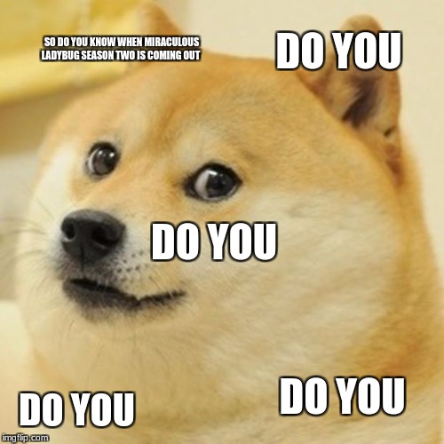 Doge | SO DO YOU KNOW WHEN MIRACULOUS LADYBUG SEASON TWO IS COMING OUT; DO YOU; DO YOU; DO YOU; DO YOU | image tagged in memes,doge | made w/ Imgflip meme maker
