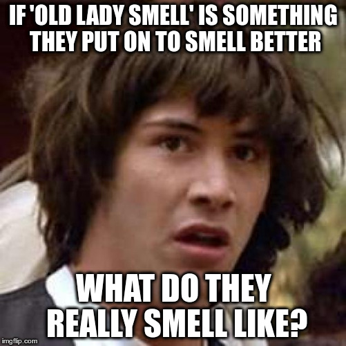 What's that smell? | IF 'OLD LADY SMELL' IS SOMETHING THEY PUT ON TO SMELL BETTER; WHAT DO THEY REALLY SMELL LIKE? | image tagged in memes,conspiracy keanu | made w/ Imgflip meme maker