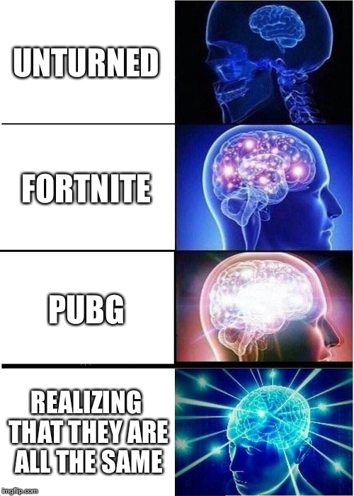 Expanding Brain Meme | UNTURNED; FORTNITE; PUBG; REALIZING THAT THEY ARE ALL THE SAME | image tagged in memes,expanding brain | made w/ Imgflip meme maker