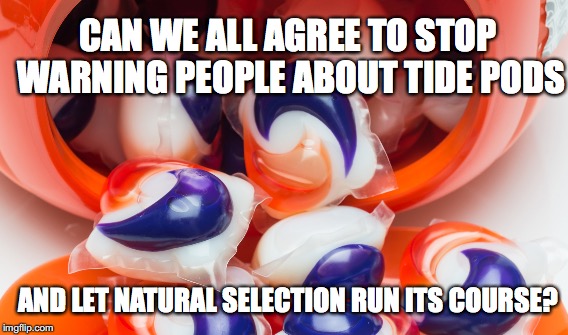 Tide Pod Selection | CAN WE ALL AGREE TO STOP WARNING PEOPLE ABOUT TIDE PODS; AND LET NATURAL SELECTION RUN ITS COURSE? | image tagged in tide pods | made w/ Imgflip meme maker