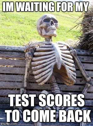 Waiting Skeleton | IM WAITING FOR MY; TEST SCORES TO COME BACK | image tagged in memes,waiting skeleton | made w/ Imgflip meme maker
