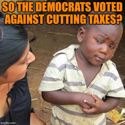 Third World Skeptical Kid Meme | SO THE DEMOCRATS VOTED AGAINST CUTTING TAXES? | image tagged in memes,third world skeptical kid | made w/ Imgflip meme maker