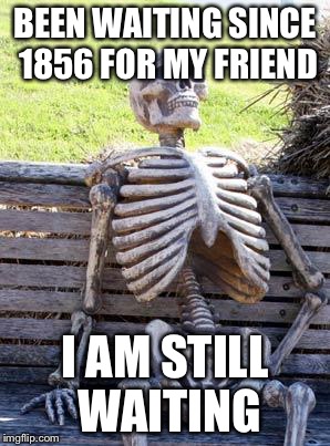 Waiting Skeleton | BEEN WAITING SINCE 1856 FOR MY FRIEND; I AM STILL WAITING | image tagged in memes,waiting skeleton | made w/ Imgflip meme maker