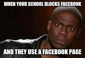 Kevin Hart Meme | WHEN YOUR SCHOOL BLOCKS FACEBOOK; AND THEY USE A FACEBOOK PAGE | image tagged in memes,kevin hart the hell,facebook,school | made w/ Imgflip meme maker