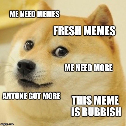 Fresh memes  | ME NEED MEMES; FRESH MEMES; ME NEED MORE; ANYONE GOT MORE; THIS MEME IS RUBBISH | image tagged in memes,doge | made w/ Imgflip meme maker
