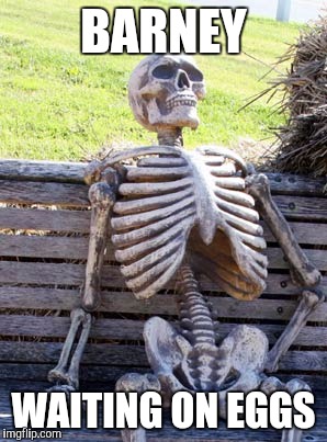 The Waiting Skeleton | BARNEY; WAITING ON EGGS | image tagged in the waiting skeleton | made w/ Imgflip meme maker