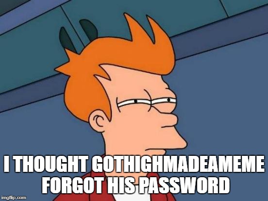 Futurama Fry Meme | I THOUGHT GOTHIGHMADEAMEME FORGOT HIS PASSWORD | image tagged in memes,futurama fry | made w/ Imgflip meme maker