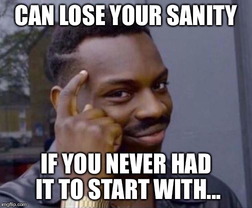 black guy pointing at head | CAN LOSE YOUR SANITY; IF YOU NEVER HAD IT TO START WITH... | image tagged in black guy pointing at head | made w/ Imgflip meme maker