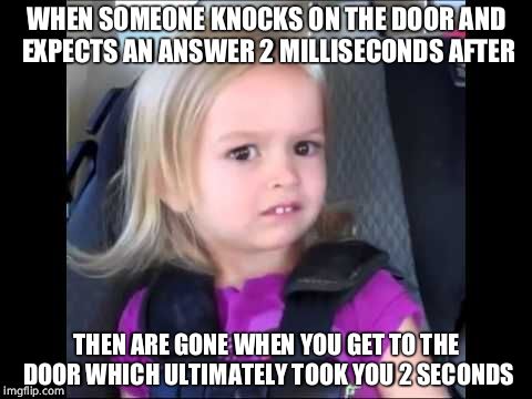 Unimpressed little girl | WHEN SOMEONE KNOCKS ON THE DOOR AND EXPECTS AN ANSWER 2 MILLISECONDS AFTER; THEN ARE GONE WHEN YOU GET TO THE DOOR WHICH ULTIMATELY TOOK YOU 2 SECONDS | image tagged in unimpressed little girl | made w/ Imgflip meme maker