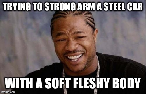 Yo Dawg Heard You Meme | TRYING TO STRONG ARM A STEEL CAR WITH A SOFT FLESHY BODY | image tagged in memes,yo dawg heard you | made w/ Imgflip meme maker