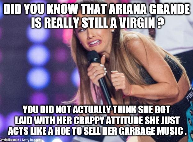 ariana grande | DID YOU KNOW THAT ARIANA GRANDE IS REALLY STILL A VIRGIN ? YOU DID NOT ACTUALLY THINK SHE GOT LAID WITH HER CRAPPY ATTITUDE SHE JUST ACTS LIKE A HOE TO SELL HER GARBAGE MUSIC . | image tagged in ariana grande | made w/ Imgflip meme maker