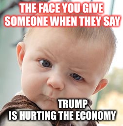 Bady politics | THE FACE YOU GIVE SOMEONE WHEN THEY SAY; TRUMP IS HURTING THE ECONOMY | image tagged in memes,skeptical baby,trump,america,republicans | made w/ Imgflip meme maker